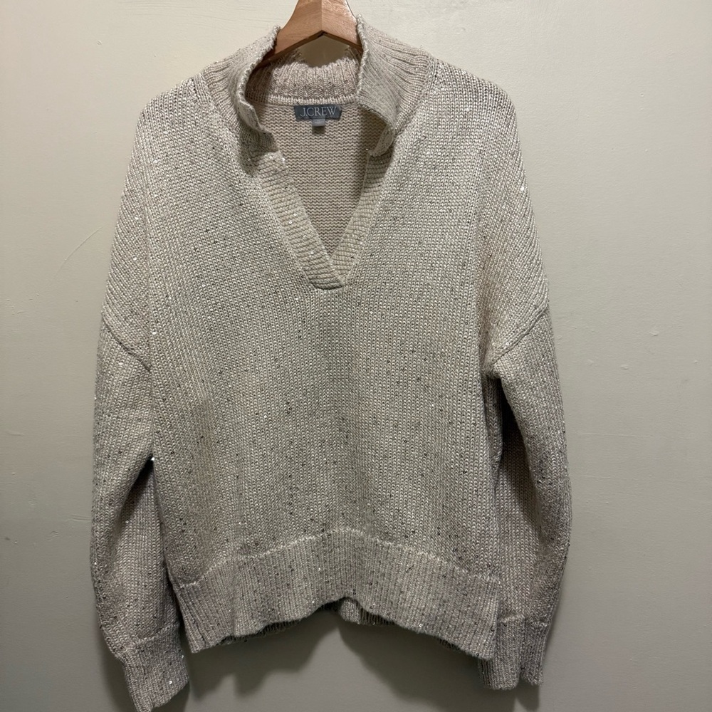 J.Crew Natural Sequin Polo Pullover Sweater XL - Picture 4 of 10